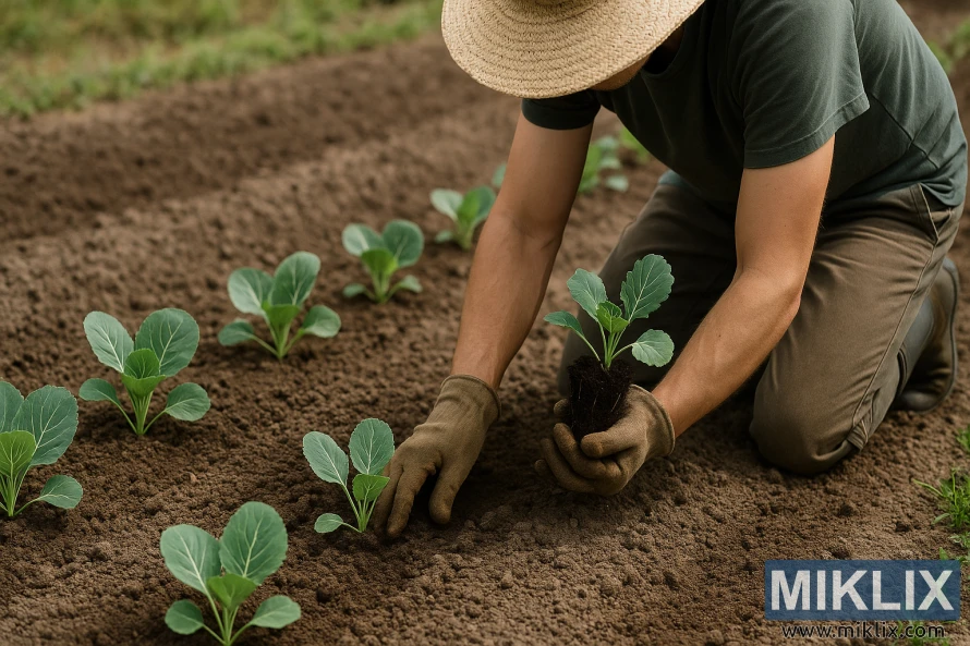Baštovan kleči u zemlji dok sadi ravnomjerno raspoređene sadnice kupusa u vrtnom redu. Baštovan kleči u zemlji dok sadi ravnomjerno raspoređene sadnice kupusa u vrtnom redu.