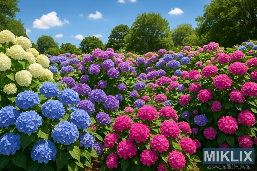 Vibrant hydrangea garden under a bright summer sky with colorful blossoms and lush greenery.