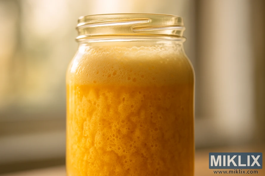 Nærbilde av en glødende glasskrukke fylt med gyllen, boblende gjærkultur i varmt naturlig lys. Nærbilde av en glødende glasskrukke fylt med gyllen, boblende gjærkultur i varmt naturlig lys.