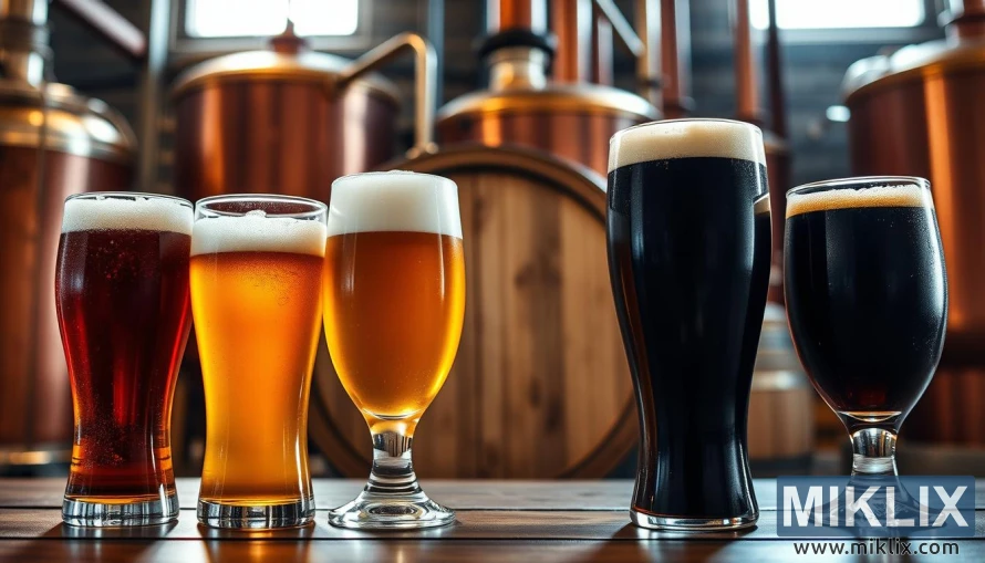 ಮರದ ಪೀಪಾಯಿಯ ಮುಂದೆ ರೈ ಏಲ್, ಲಾಗರ್ ಮತ್ತು ಪೋರ್ಟರ್ ಲೋಟಗಳು, ಹಿನ್ನೆಲೆಯಲ್ಲಿ ತಾಮ್ರದ ಬ್ರೂಹೌಸ್.