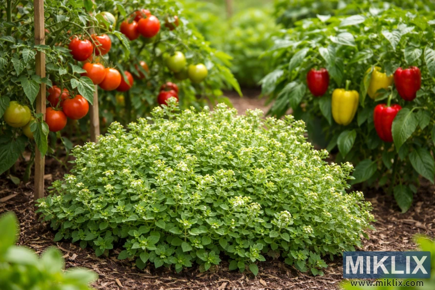 Oregano plant growing in a garden bed alongside ripe tomatoes and colorful pepper plants in natural daylight.