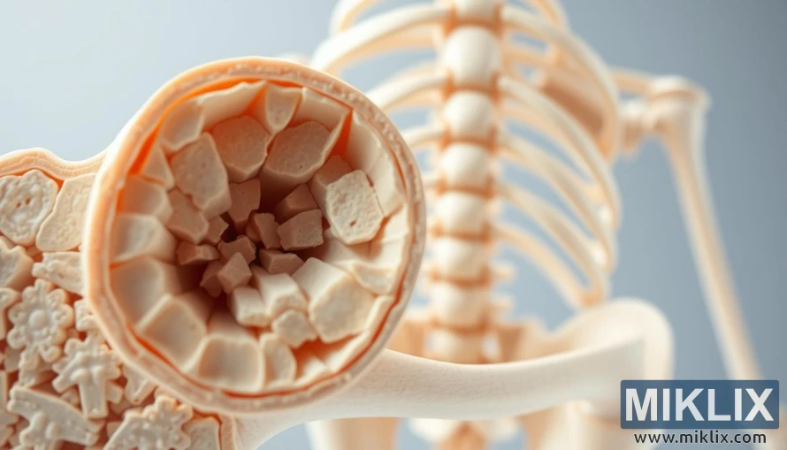 Cross-section of healthy human bone showing trabecular and cortical layers with detailed structure.