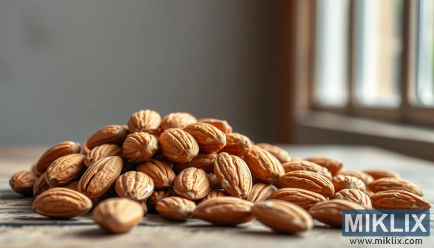 Հասուն նուշերի խոշոր պլան գեղջուկ փայտե մակերեսի վրա՝ մեղմ բնական լույսի ներքո: