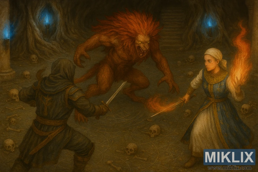 Semi-realistic Elden Ring fan art showing the Tarnished fighting Perfumer Tricia and Misbegotten Warrior in a dungeon