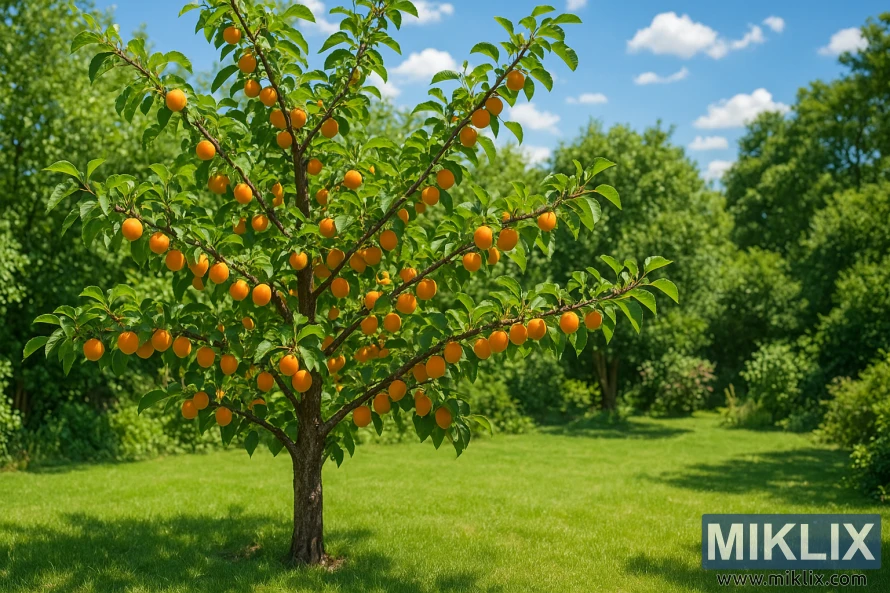 Un abricotier vigoureux, chargé de fruits orange mûrs, dans un jardin verdoyant luxuriant sous un ciel d'été d'un bleu éclatant.