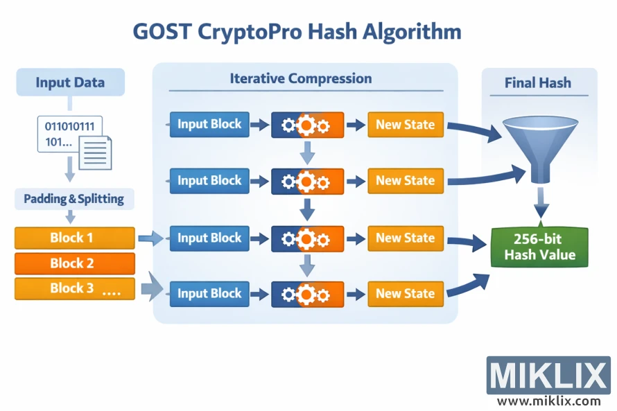 Diagram showing how input data is padded, split into blocks, iteratively compressed, and combined into a final 256-bit GOST CryptoPro hash value.