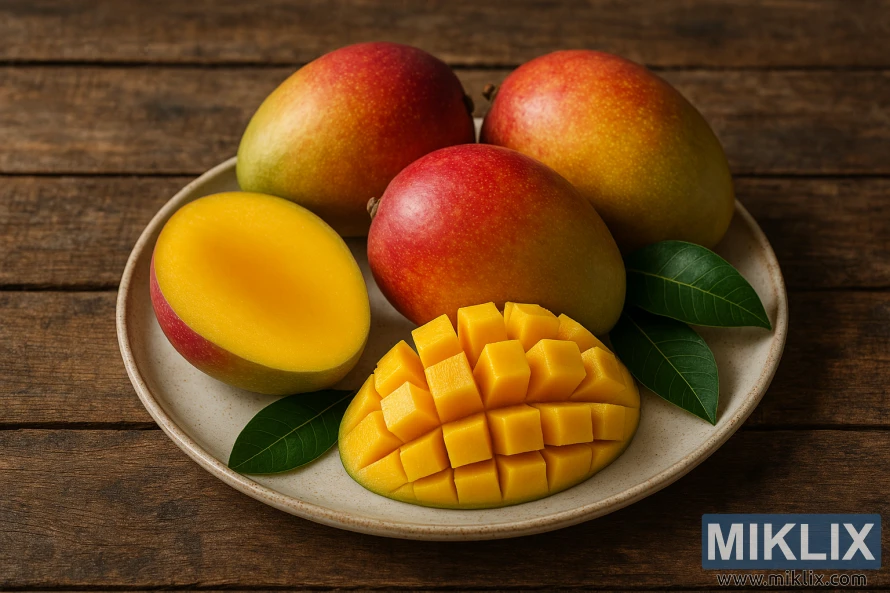 Тањир зрелих манга на рустичном дрвеном столу са кришкама и коцкицама воћа Тањир зрелих манга на рустичном дрвеном столу са кришкама и коцкицама воћа