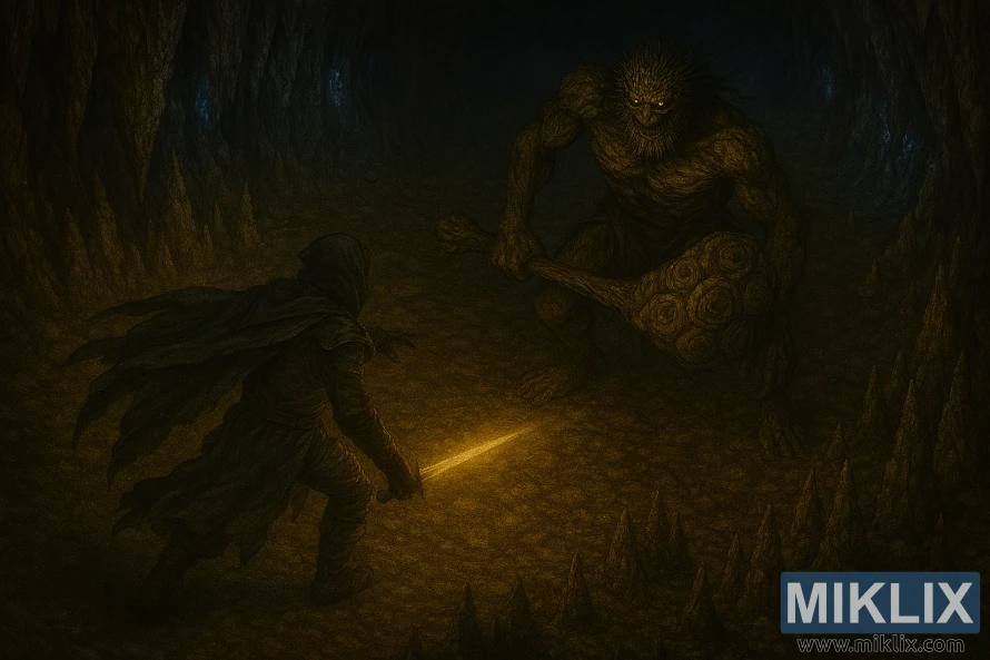 एल्डेन रिङको पुरानो अल्टस टनेलमा स्टोनडिगर ट्रोलसँग लडिरहेको टार्निश्डको फ्यान आर्टको वाइड-भ्यू