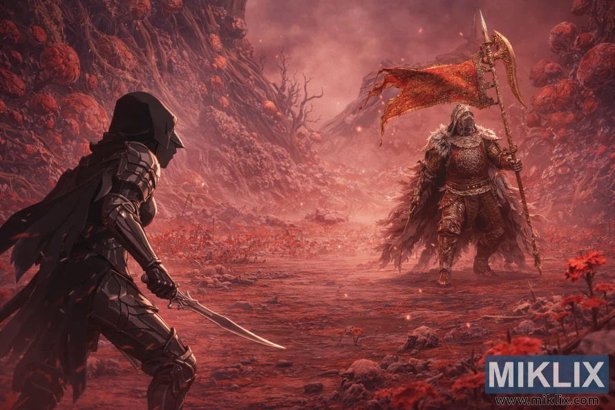 Anime-style fan art of the Tarnished in Black Knife armor cautiously facing Commander O'Neil amid the red, rot-choked Swamp of Aeonia, moments before battle begins.