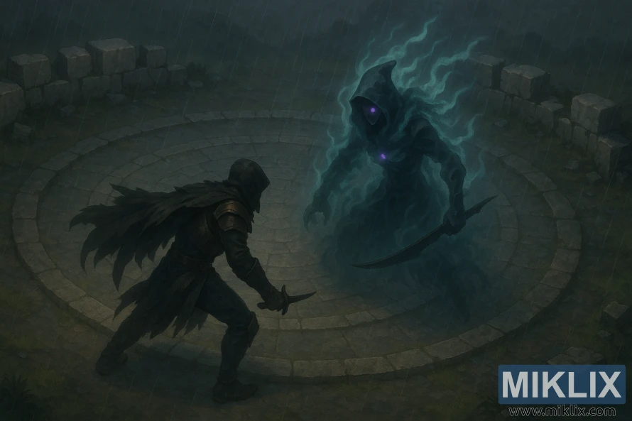 Пејзажно оријентисано, полуреалистично уметничко дело које приказује Потамњелог у оклопу Црног Ножа како се суочава са Алекто, Вођом Црног Ножа, у кишом натопљеној кружној каменој арени из изометријског приказа.