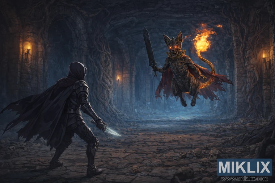 લડાઈ પહેલા, ક્લિફબોટમ કેટાકોમ્બ્સની અંદર તલવાર અને જ્વલંત પૂંછડી સાથે તરતા એર્ડટ્રી બ્યુરિયલ વોચડોગનો સામનો કરતા ટાર્નિશ્ડ ઇન બ્લેક નાઇફ આર્મરનું વિશાળ એનાઇમ-શૈલીનું દ્રશ્ય.