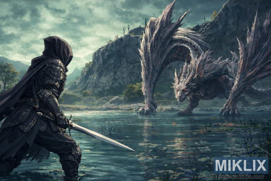 Anime style fan art of the Tarnished in Black Knife armor holding a sword while facing Flying Dragon Agheel in Lake Agheel before battle