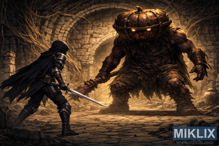 Anime style Elden Ring fan art of a Tarnished with a sword facing a gigantic Mad Pumpkin Head boss in wide view ancient stone ruins before battle.