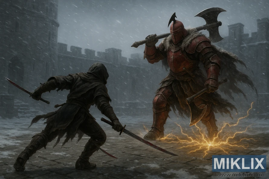 Realistična mračna fantastična scena ratnika s kapuljačom i dvije katane koji se bori protiv zapovjednika Nialla u crvenom oklopu koji maše sjekirom u dvorištu dvorca prekrivenom snijegom. Realistična mračna fantastična scena ratnika s kapuljačom i dvije katane koji se bori protiv zapovjednika Nialla u crvenom oklopu koji maše sjekirom u dvorištu dvorca prekrivenom snijegom.