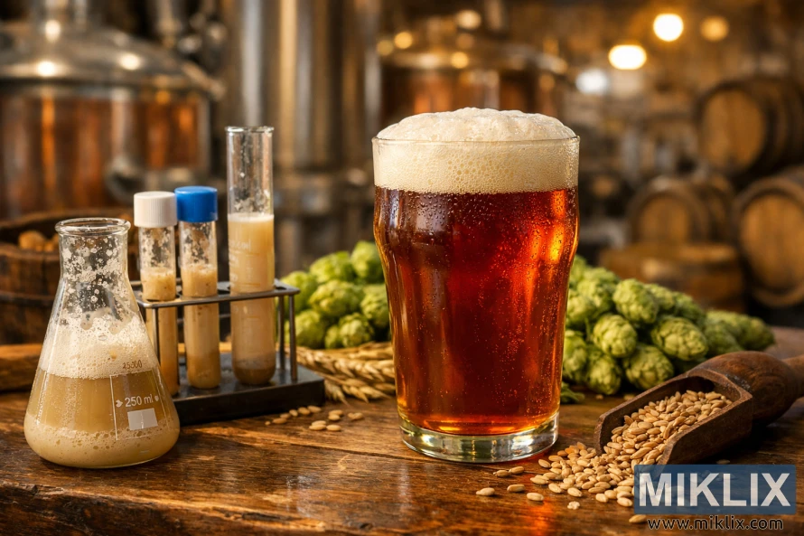 Close-up of a glass of amber beer with a frothy head on a wooden brewing table, surrounded by yeast-filled laboratory glassware, hops, barley, and a softly blurred brewery background under warm lighting.