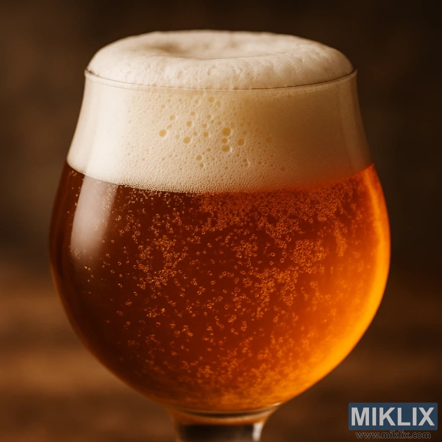 Un pahar în formă de lalea, umplut cu bere belgiană aurie-chihlimbar, acoperit cu o spumă albă cremoasă și evidențiat de o lumină caldă și dramatică. Un pahar în formă de lalea, umplut cu bere belgiană aurie-chihlimbar, acoperit cu o spumă albă cremoasă și evidențiat de o lumină caldă și dramatică.