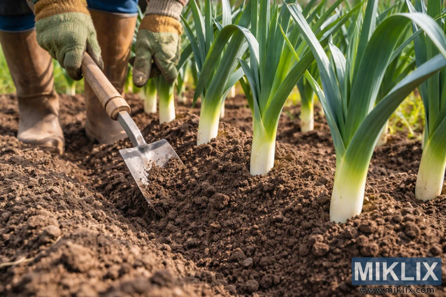 Gardener using a small hoe to hill soil around leek stems in a sunlit vegetable garden to demonstrate blanching.
