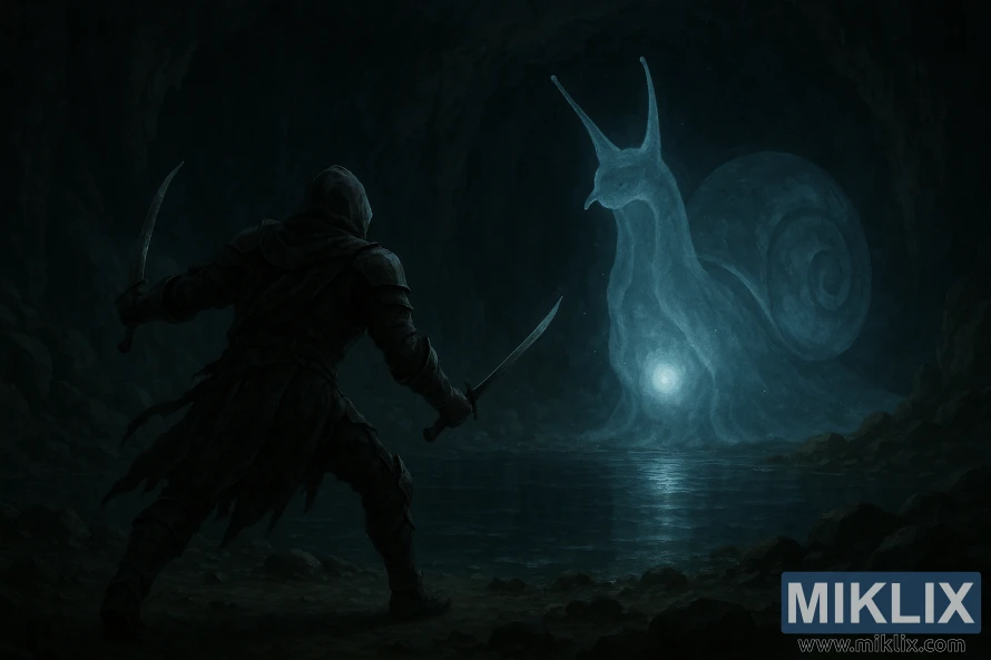Une scène de dark fantasy où un guerrier au Couteau Noir approche par derrière l'Escargot Invocateur d'Esprits lumineux dans une caverne. Une scène de dark fantasy où un guerrier au Couteau Noir approche par derrière l'Escargot Invocateur d'Esprits lumineux dans une caverne.