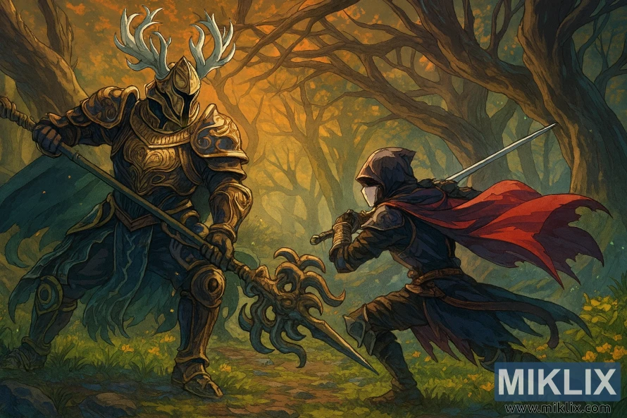 Seni penggemar gaya anime saka Tarnished sing nglawan Crucible Knight Siluria ing Deeproot Depths Elden Ring.