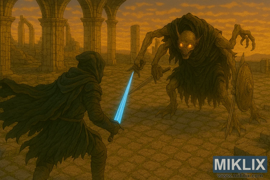 Anime-style Elden Ring fan art showing the Tarnished in Black Knife armor confronting a grotesque Grafted Scion at sunset