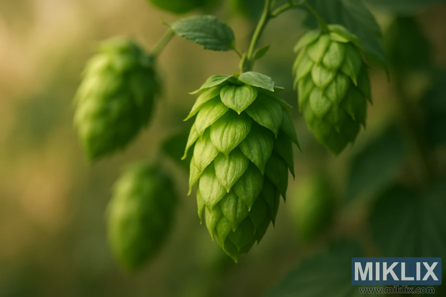 Nærbilde av livlige grønne Eureka-humlekjegler i ulike stadier av modenhet mot en mykt uskarp bakgrunn.