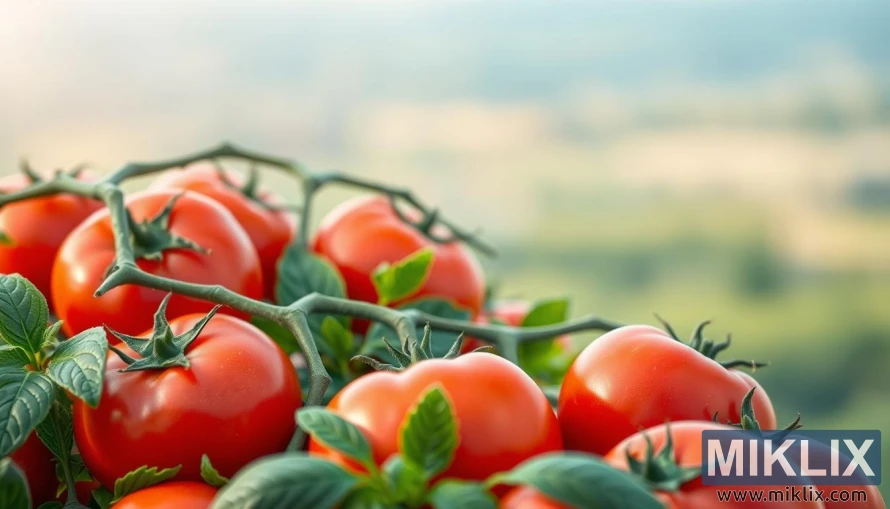 Plump red tomatoes with leafy greens under soft warm light in a serene setting. Plump red tomatoes with leafy greens under soft warm light in a serene setting.
