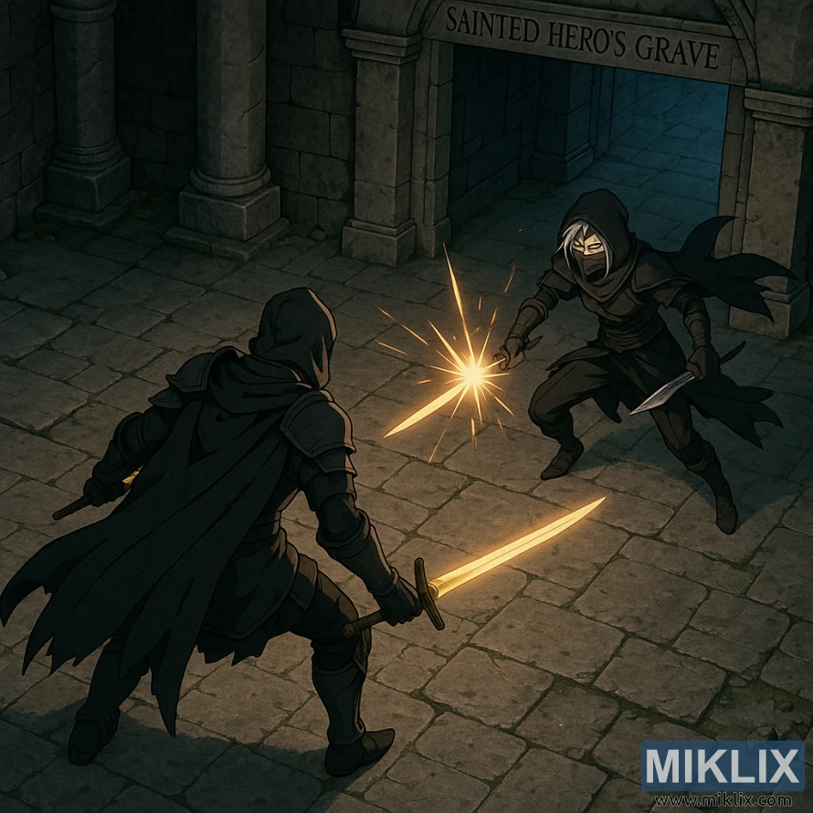 Isometric anime-style view of the Tarnished confronting the Black Knife Assassin at the Sainted Hero’s Grave entrance.