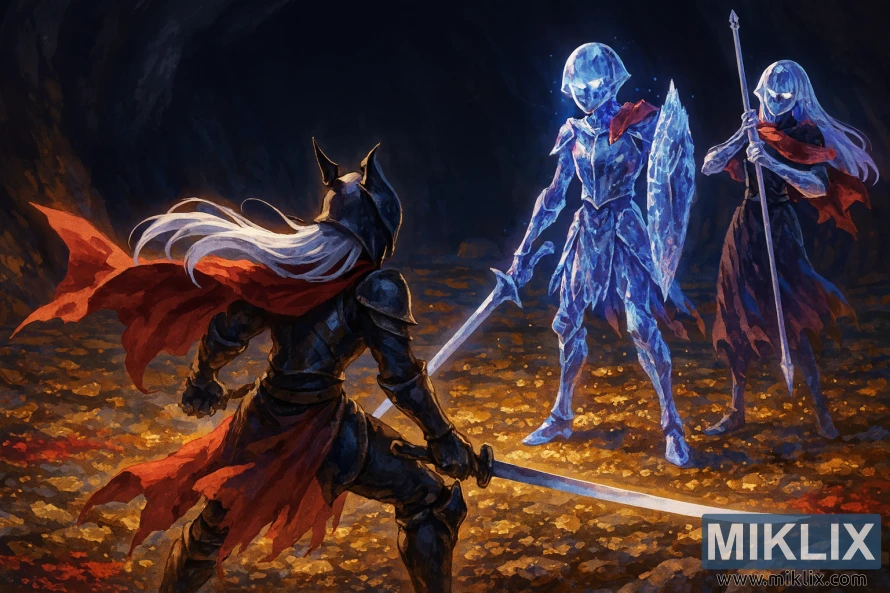 Fantasy battle scene of the Tarnished fighting two Crystalians in Elden Ring's Altus Tunnel