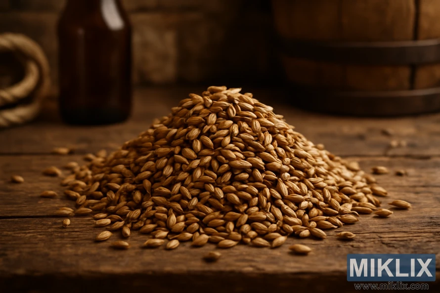 Krupni plan male hrpe zrna pšeničnog slada na rustikalnom drvenom stolu u okruženju domaćeg pivarstva.