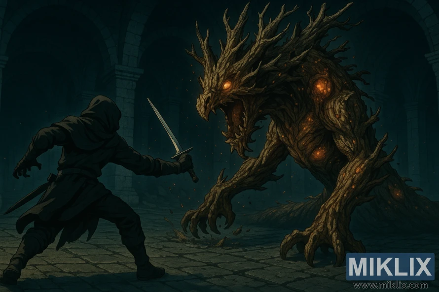 Tagantvaade kapuutsiga sõdalasest, kellel on paremas käes mõõk, ründamas tumedas kivikatakombis tohutut, puutaolist koletist, kellel on hõõguvad haavandid.