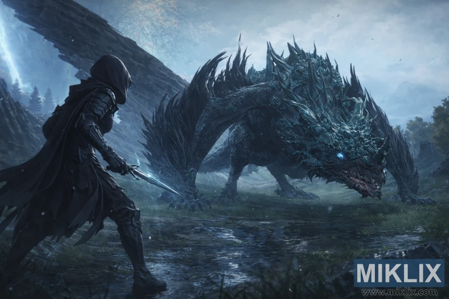 Fan art in stile anime dell'armatura Tarnished in Black Knife che si avvicina cautamente al Drago di Pietra Luminosa Smarag nelle nebbiose zone umide di Liurnia dei Laghi, pochi istanti prima dell'inizio del combattimento. Fan art in stile anime dell'armatura Tarnished in Black Knife che si avvicina cautamente al Drago di Pietra Luminosa Smarag nelle nebbiose zone umide di Liurnia dei Laghi, pochi istanti prima dell'inizio del combattimento.