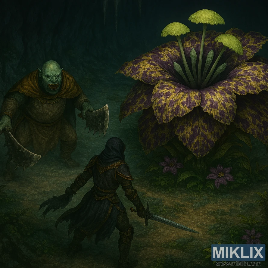 Tarnished in Black Knife armor faces Omenkiller and Miranda the Blighted Bloom from an elevated angle Tarnished in Black Knife armor faces Omenkiller and Miranda the Blighted Bloom from an elevated angle