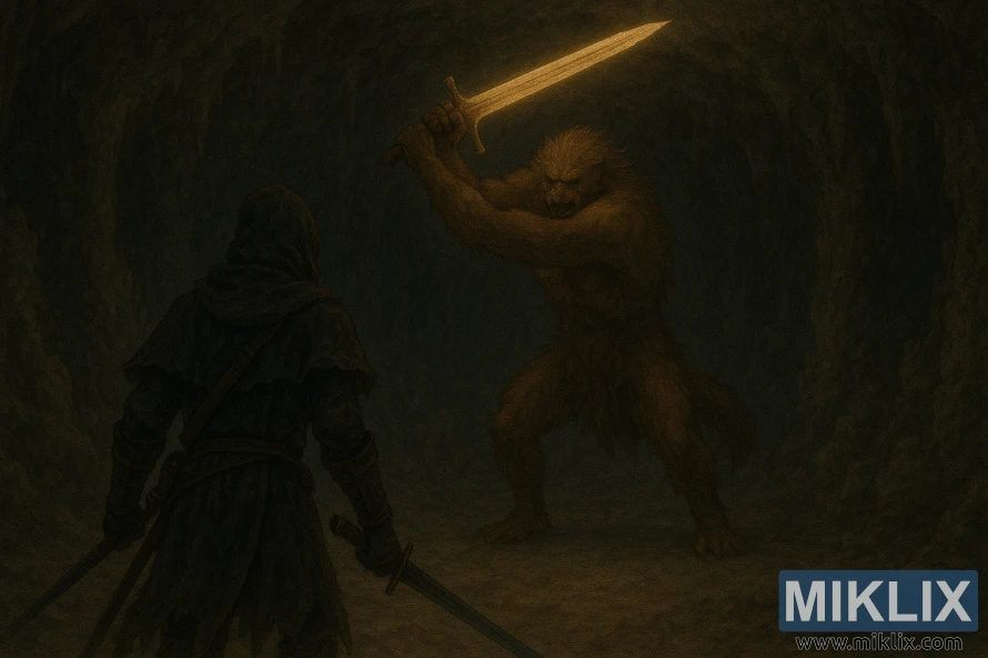 Siyah Bıçak zırhı giymiş bir oyuncu, mağarada parlayan bir kılıç kaldırarak Misbegotten Crusader'a yaklaşıyor. Siyah Bıçak zırhı giymiş bir oyuncu, mağarada parlayan bir kılıç kaldırarak Misbegotten Crusader'a yaklaşıyor.