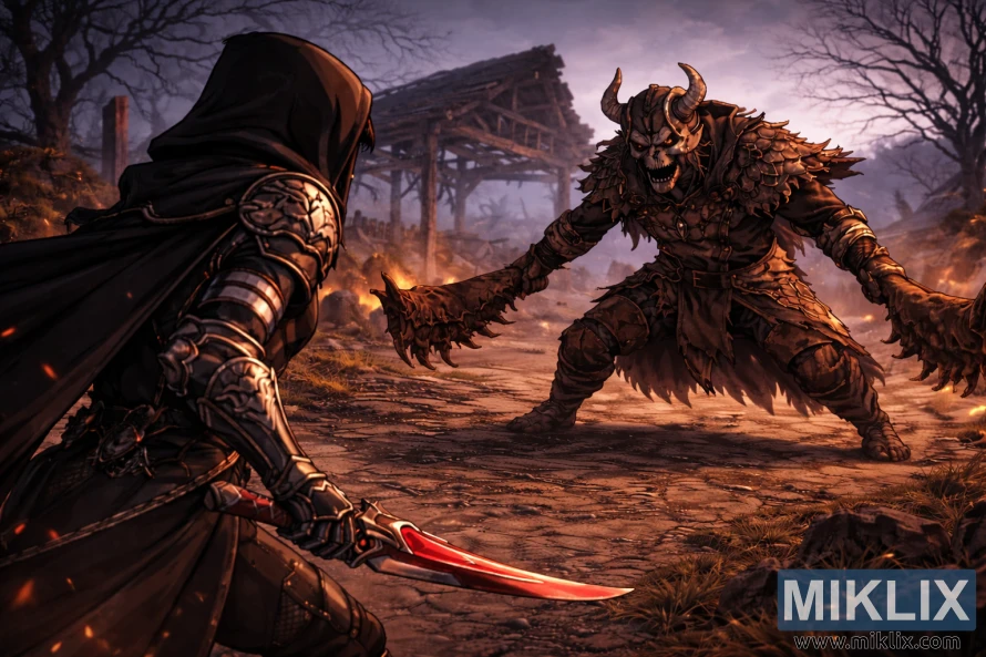 Illustration de style anime montrant le Terni vu de dos à gauche tandis que l'Omenkiller s'approche à courte distance dans le Village des Albinauriques.