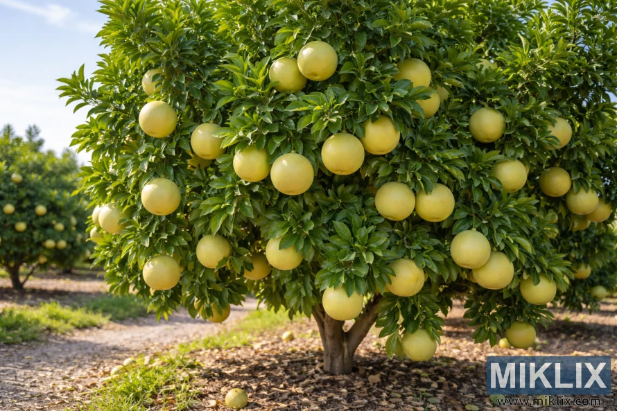 Uma árvore de toranja Oro Blanco banhada de sol, com frutos amarelo-esverdeados pálidos pendurados entre folhas densas e brilhantes em um pomar de citrinos.