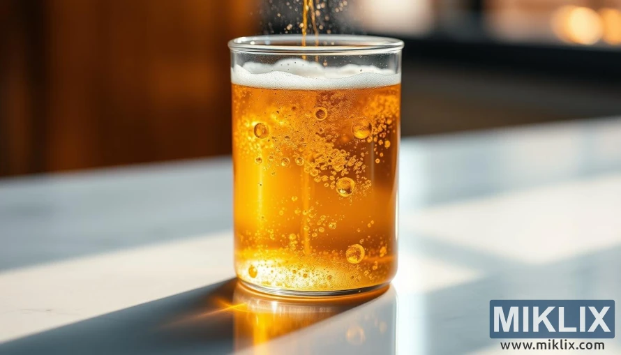 Nærbilde av en boblende gjærløsning i et glassbeger på en ren bordplate.