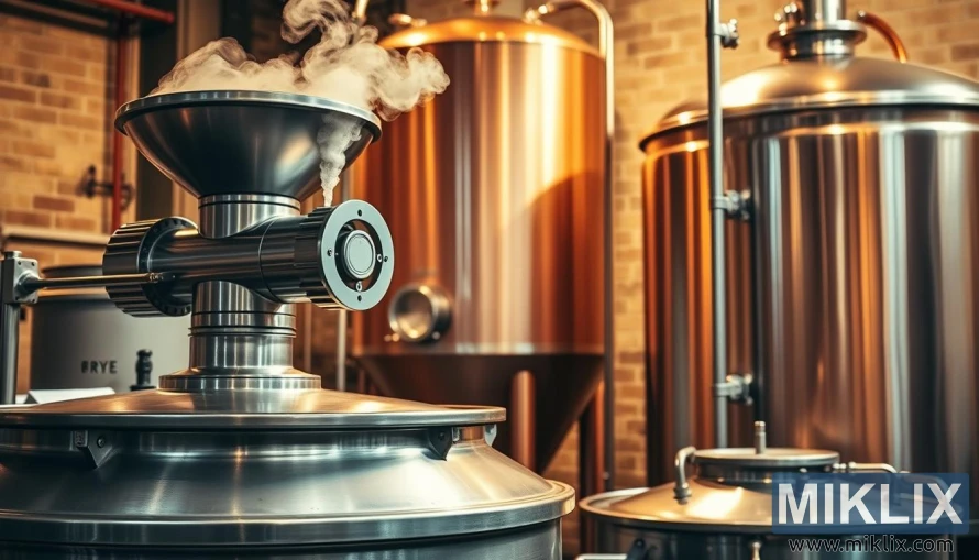ಬೆಚ್ಚಗಿನ ಬ್ರೂವರಿ ಬೆಳಕಿನಲ್ಲಿ ಧಾನ್ಯ ಗಿರಣಿ, ತಾಮ್ರ ಬ್ರೂ ಕೆಟಲ್ ಮತ್ತು ಹುದುಗುವಿಕೆ ಟ್ಯಾಂಕ್‌ನೊಂದಿಗೆ ಸ್ಟೇನ್‌ಲೆಸ್ ಸ್ಟೀಲ್ ಮ್ಯಾಶ್ ಟ್ಯೂನ್.