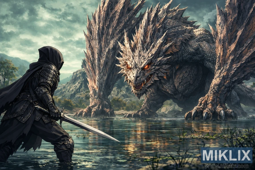 Anime style fan art of the Tarnished in Black Knife armor wielding a sword while facing a gigantic Flying Dragon Agheel in Lake Agheel