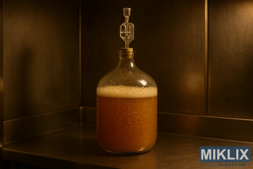 Una garrafa de vidre plena de most daurat de Bière de Garde que bombolleja durant la fermentació, il·luminada per una llum càlida contra parets d'acer inoxidable.