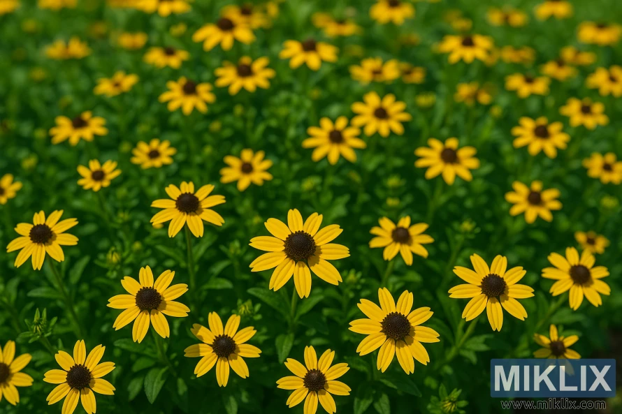 Close-up of Rudbeckia ‘Little Goldstar’ showing numerous small yellow flowers with dark centers on a bright summer day. Close-up of Rudbeckia ‘Little Goldstar’ showing numerous small yellow flowers with dark centers on a bright summer day.