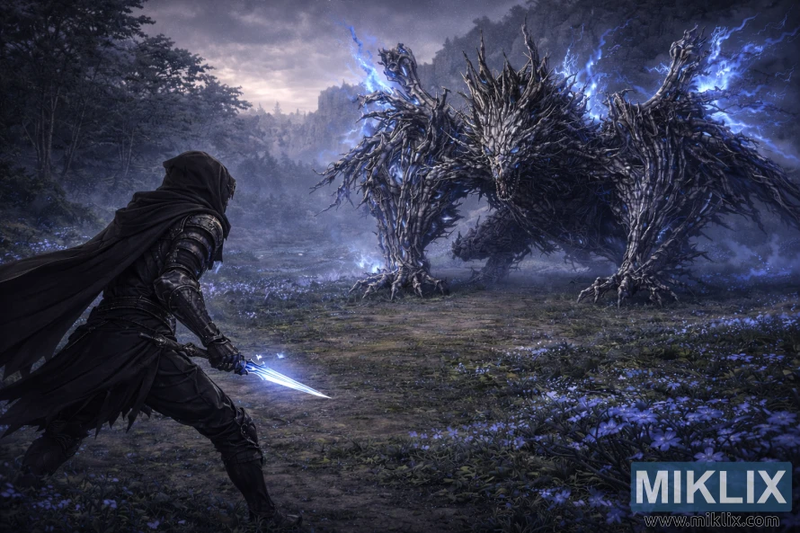 Realistisk fantasibilde av den anløpte rustningen med svart kniv mot en massiv spøkelsesflammedrage på den cerulean kysten.