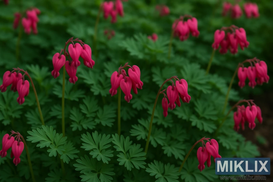 Close-up of King of Hearts Bleeding Heart with deep pink heart-shaped flowers and fern-like green leaves in a shaded garden. Close-up of King of Hearts Bleeding Heart with deep pink heart-shaped flowers and fern-like green leaves in a shaded garden.