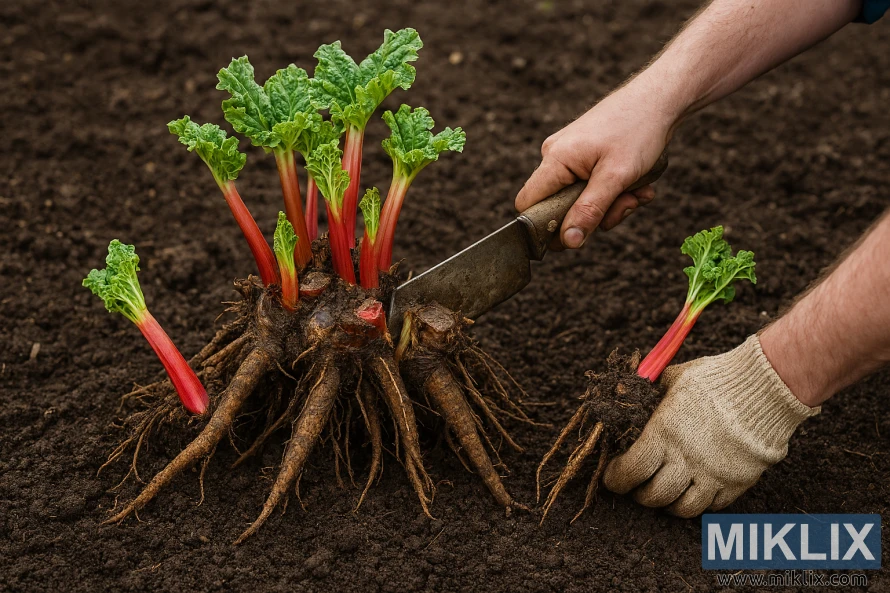 Gardener dividing a rhubarb crown into sections for replanting on dark soil Gardener dividing a rhubarb crown into sections for replanting on dark soil