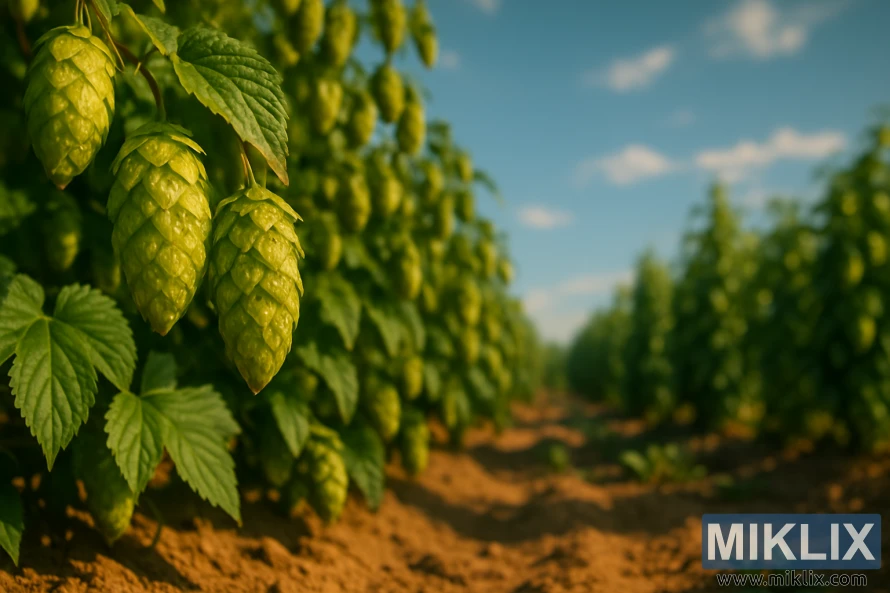 Close-up of ripe hop cones hanging in a sunlit field with rows of green plants and a blue sky in the background.