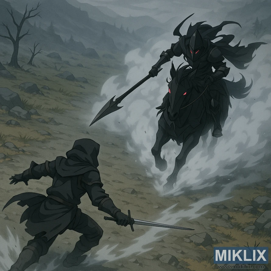 Pemandangan gaya anime di atas kepala bertudung Tercemar mengelak ke tepi ketika Pasukan Berkuda Malam menyerang kuda hitam melalui kabus di medan perang berbatu.