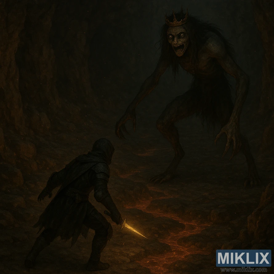 Isometric dark-fantasy scene of the Tarnished confronting the towering Demi-Human Queen Margot in a volcanic cavern.