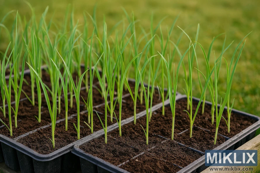 Leek seedlings growing in black trays outdoors, ready for transplanting into soil