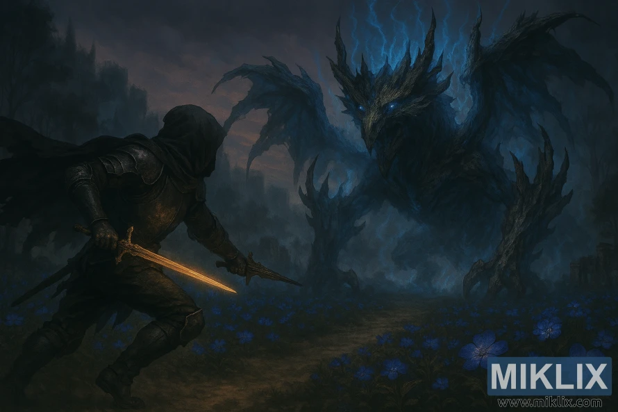 Realistic fantasy art of Tarnished in Black Knife armor battling Ghostflame Dragon at Moorth Highway