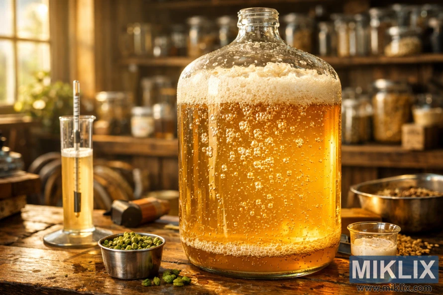 చెక్క బల్లపై బంగారు బీరుతో కూడిన గాజు కిణ్వ ప్రక్రియ పాత్ర చురుకుగా బుడగలు కక్కుతోంది, దాని చుట్టూ మధ్యాహ్నం వెచ్చగా వెలుతురులో కాచుట ఉపకరణాలు ఉన్నాయి. చెక్క బల్లపై బంగారు బీరుతో కూడిన గాజు కిణ్వ ప్రక్రియ పాత్ర చురుకుగా బుడగలు కక్కుతోంది, దాని చుట్టూ మధ్యాహ్నం వెచ్చగా వెలుతురులో కాచుట ఉపకరణాలు ఉన్నాయి.