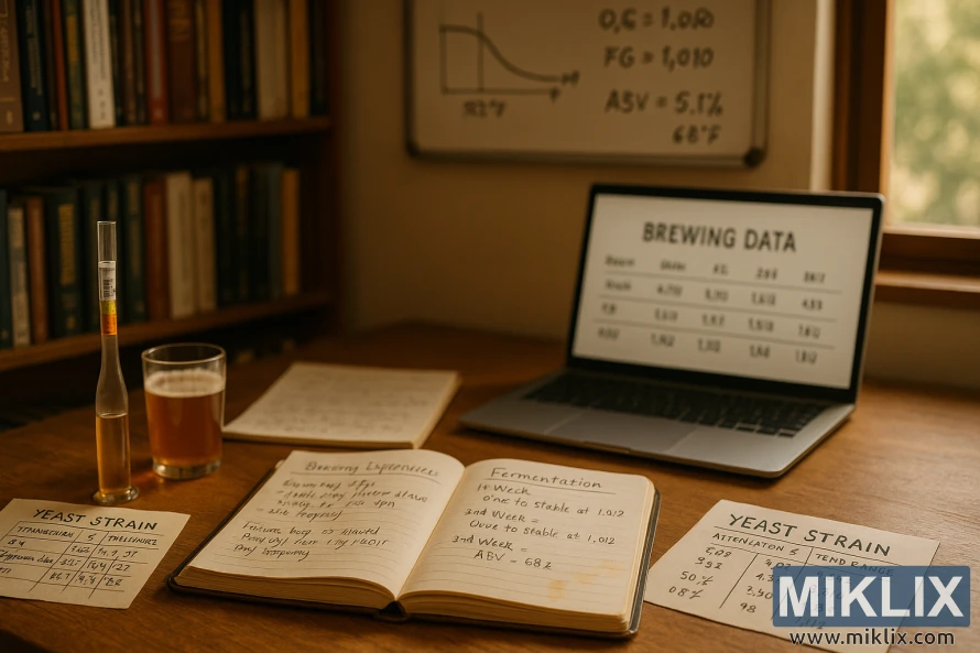 Një hapësirë pune e ngrohtë dhe e ndriçuar mirë për prodhimin e birrës në shtëpi, me fletore shënimesh, mjete për prodhimin e birrës dhe një ekran të turbullt laptopi. Një hapësirë pune e ngrohtë dhe e ndriçuar mirë për prodhimin e birrës në shtëpi, me fletore shënimesh, mjete për prodhimin e birrës dhe një ekran të turbullt laptopi.